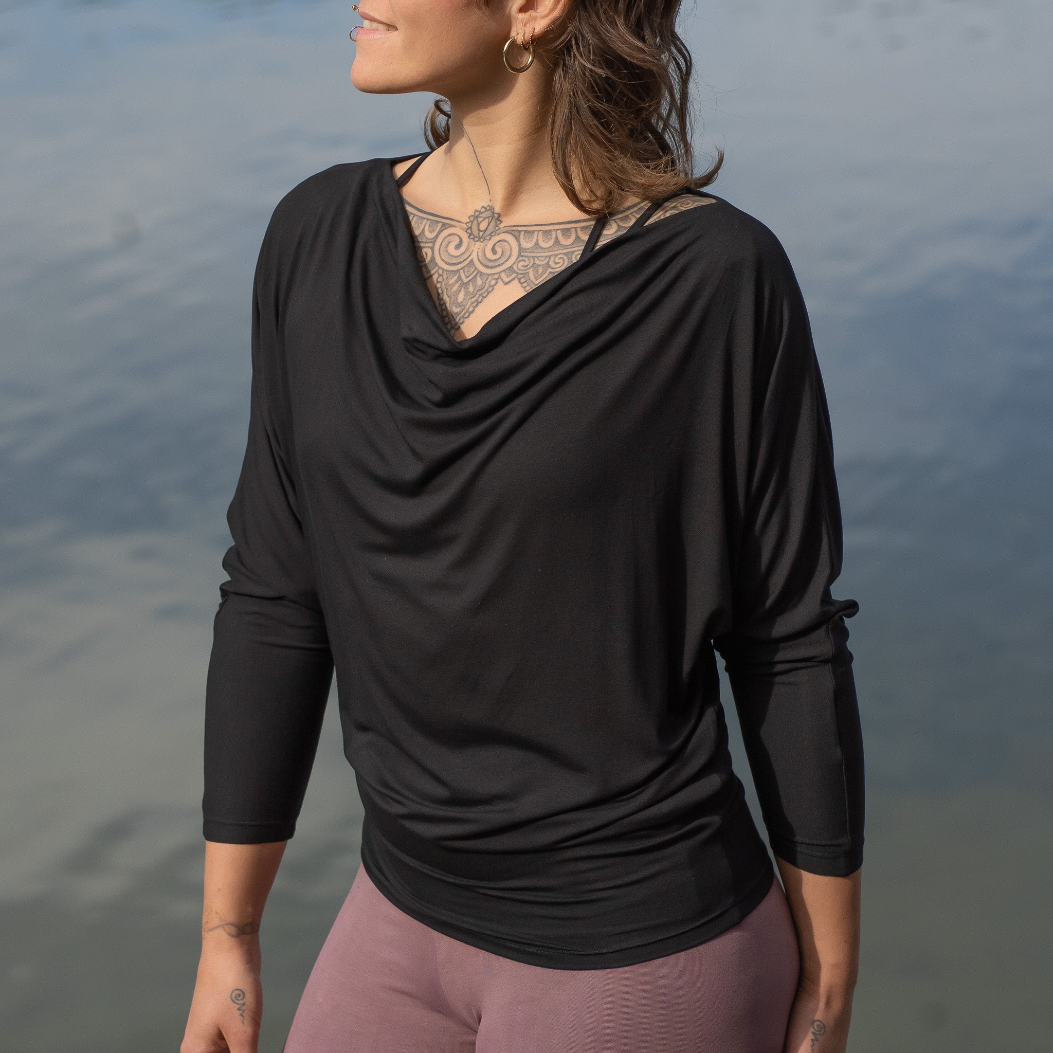 Yoga Shirt Women made of Bamboo Mix - Waterfall Top long Black NEW